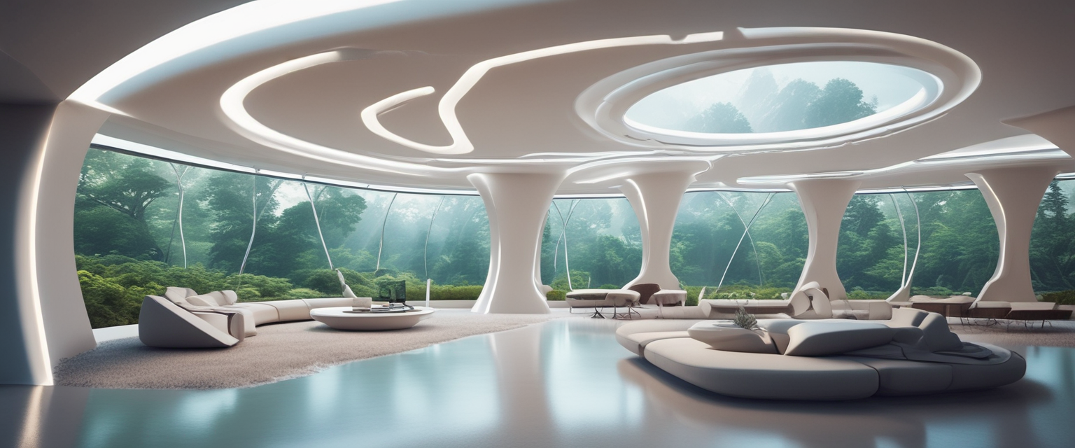 Intérieur futuriste intégrant des éléments naturels et technologiques